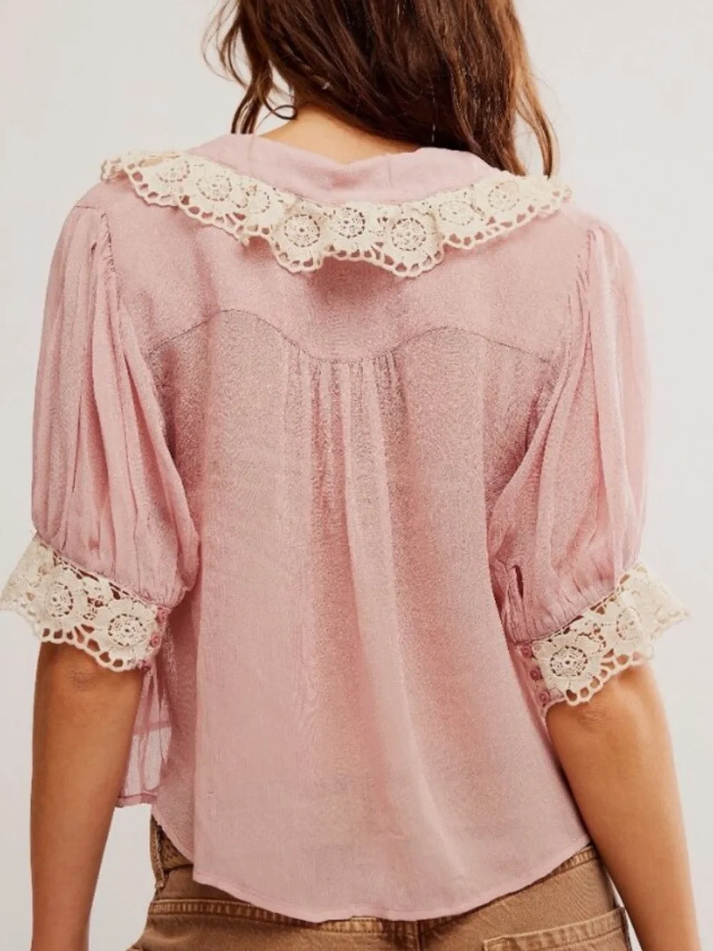 Free People My Love Blouse Pale Mauve Lace Collar Puff Sleeve Top S NWT